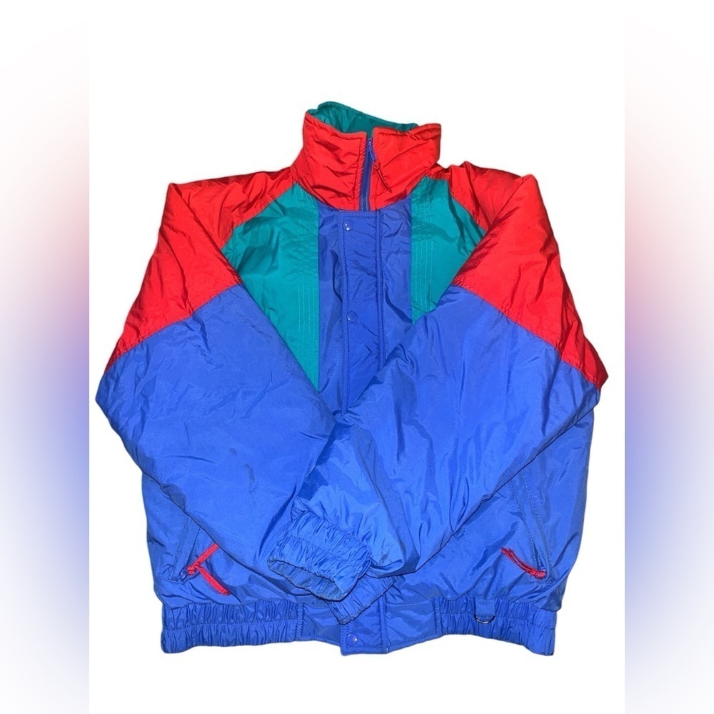 Raeurks Blue and Red 80s Puffer Jacket with Matching Gloves